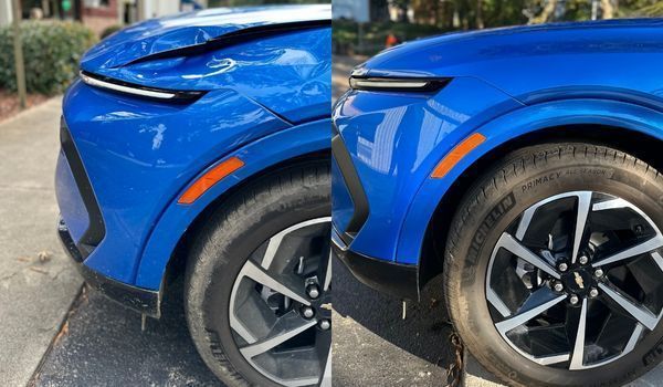 Before and after photos of a blue SUV front fender showing a repair of the dented hood and panel.
