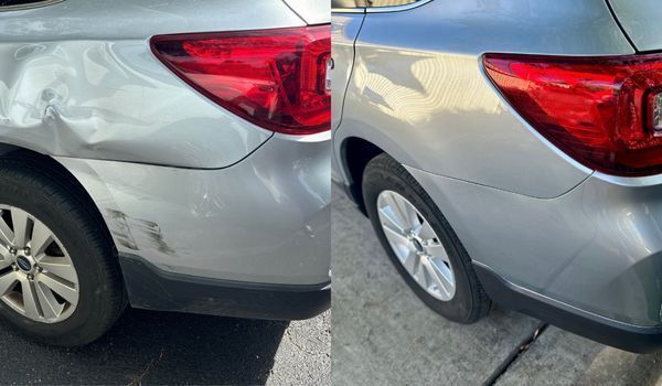 Before and after photos of a silver car’s rear quarter panel showing a dent and paint scuff successfully repaired.