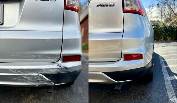Before and after comparison of a silver SUV’s rear bumper, showing damage repair on the left and