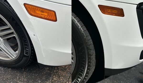 Before and after comparison of a white car bumper showing the removal of a scratch near the wheel well.