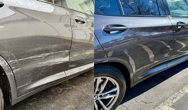 A split-screen comparison showing a dark gray car door before and after the repair of a long, white side-panel scratch.
