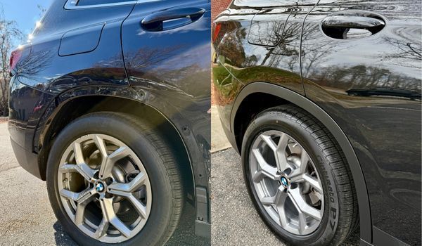 A split-screen comparison showing a black BMW's rear fender before and after dent and paint repair.