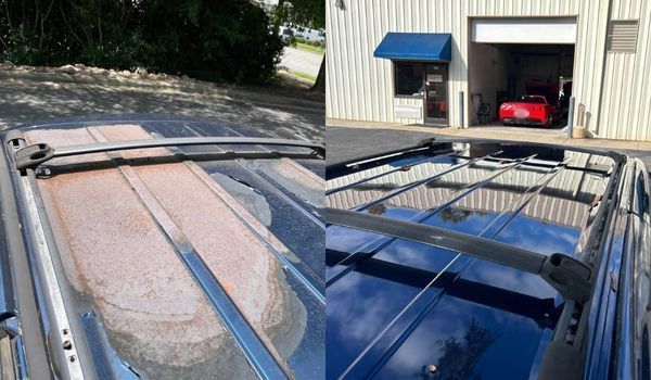A side-by-side comparison of a car roof with oxidation damage on the left and restored, polished paint on the right.