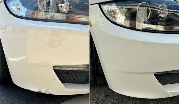 Before and after comparison of a white car bumper showing the repair of scrapes and paint damage on the lower corner.