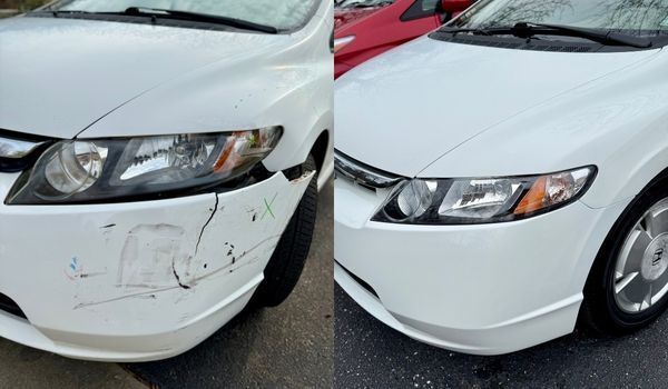 Before-and-after comparison of a white car’s front bumper showing damage repair and restored paint.