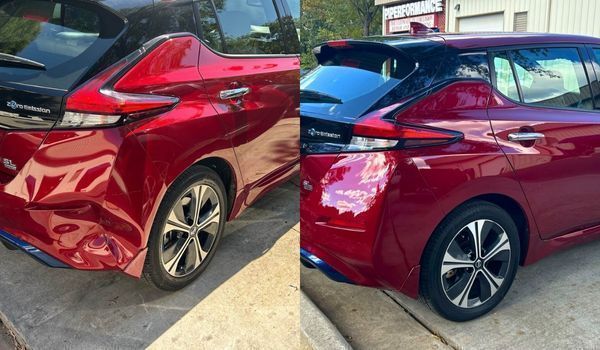 A side-by-side comparison of a red car, showing a dented rear panel before repair and the same panel fixed after repair.