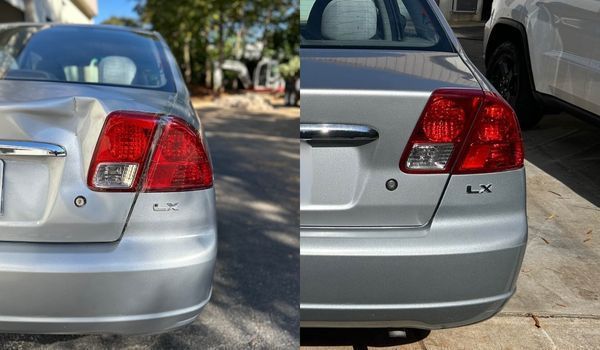Before-and-after comparison showing the repair of a silver Honda Civic’s dented trunk and taillight.