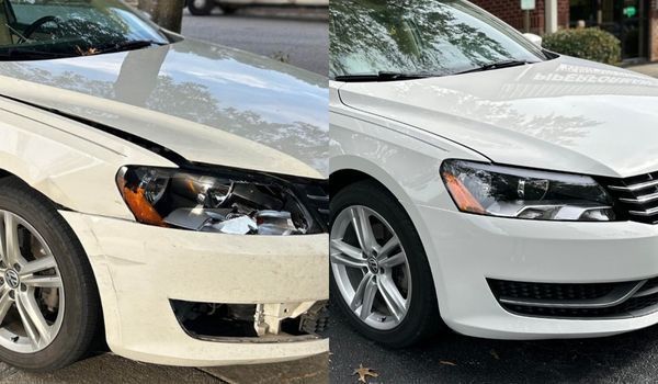 A before-and-after comparison of a white car showing repair of collision damage to the front bumper and fender.