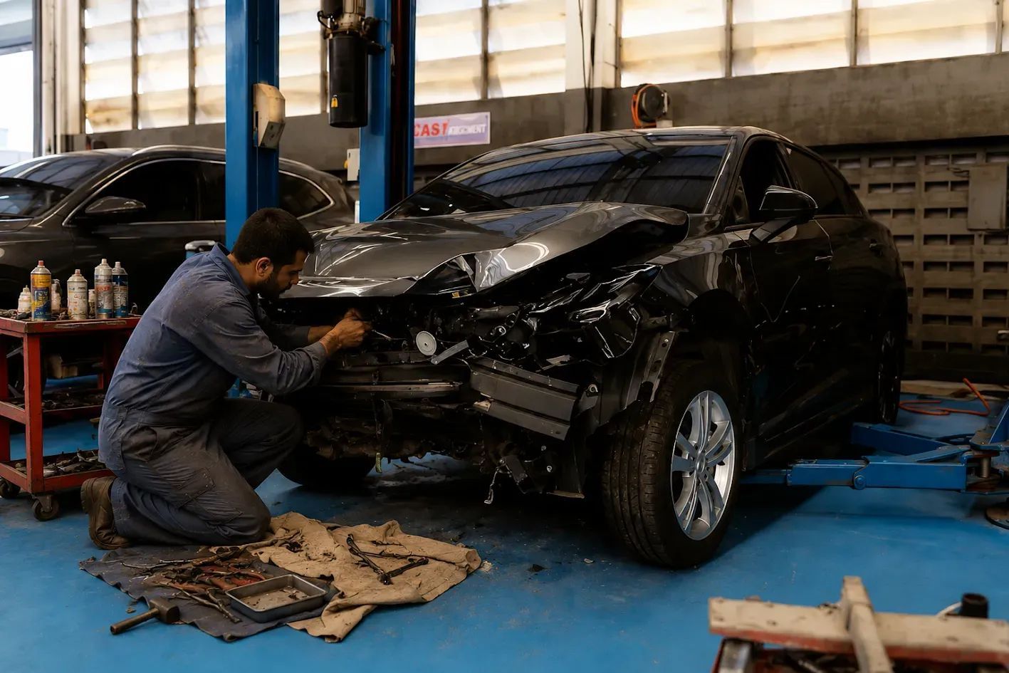 Mechanic repairing a badly damaged black car in an auto repair shop