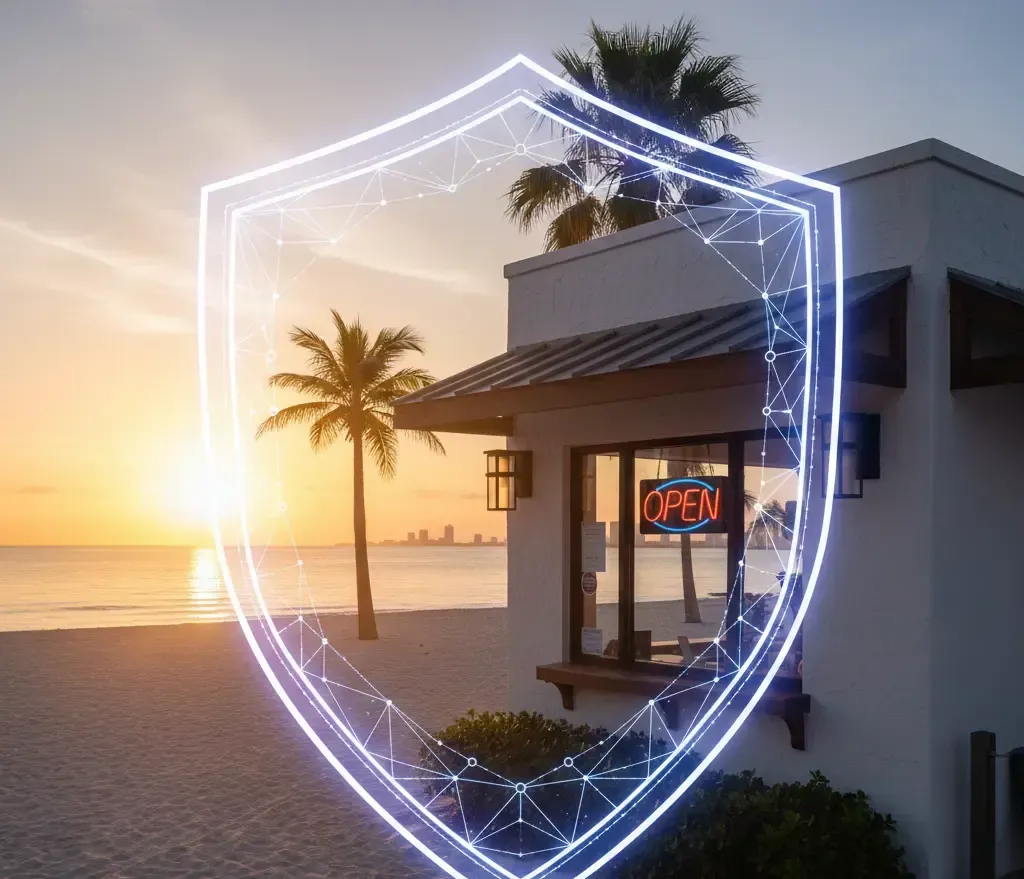 A Sarasota beach sunrise with a local small business protected by a symbolic digital security shield