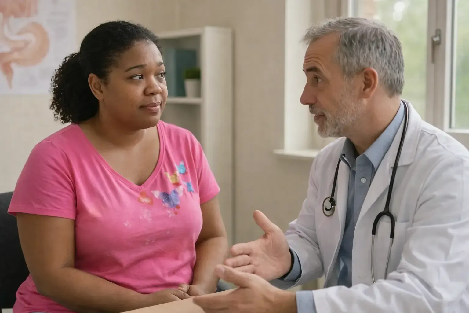 Doctor addressing concerns about non-surgical weight loss pain & discomfort