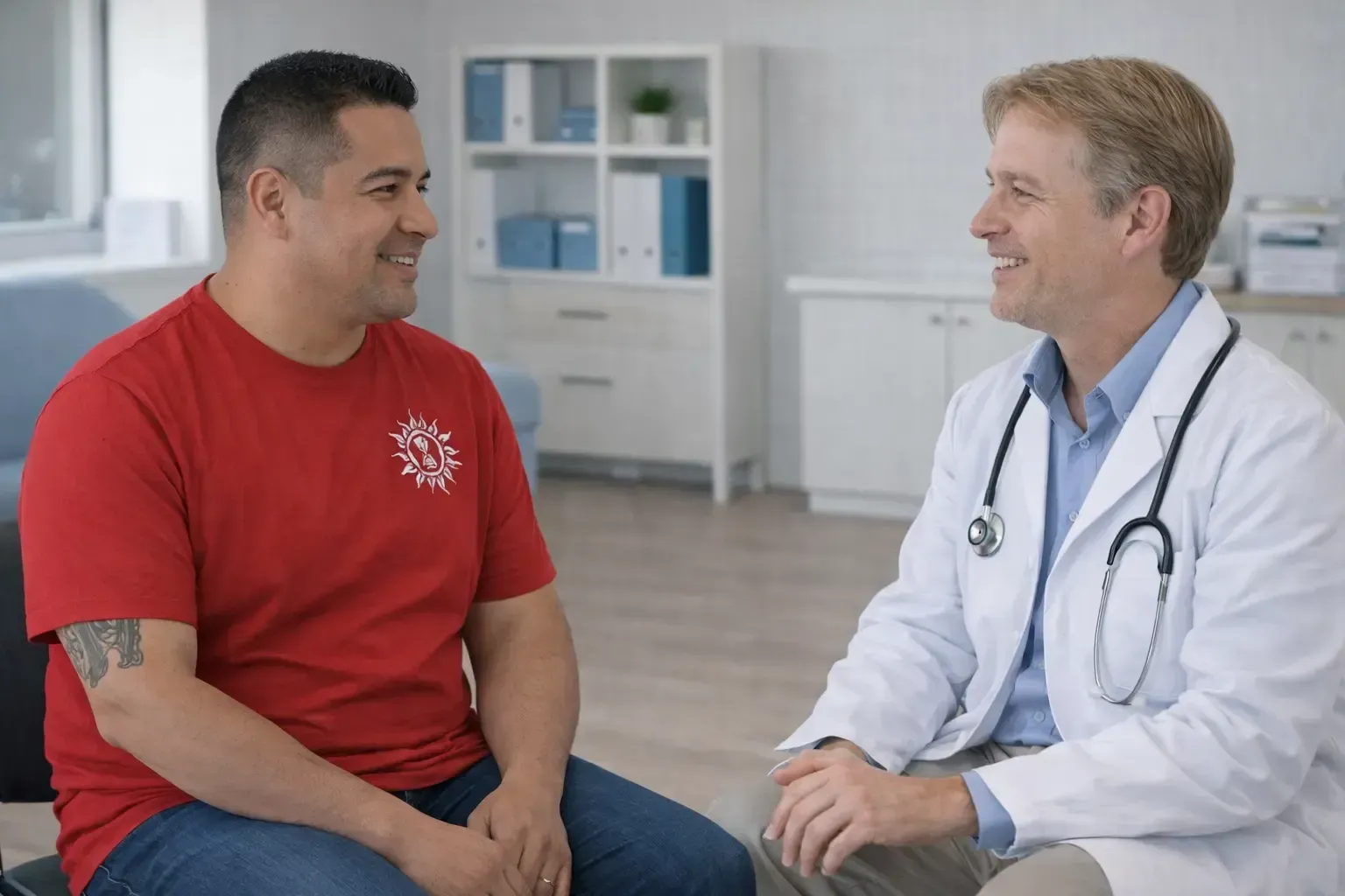 Patient in Red T-shirt asking doctor if he can lose weight without exercising