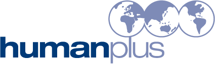 Human plus logo with three connected globes and the words 