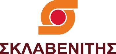Logo of Sklavenitis, a Greek supermarket chain, featuring an orange abstract shape with a red dot in the center and the name in dark red letters.