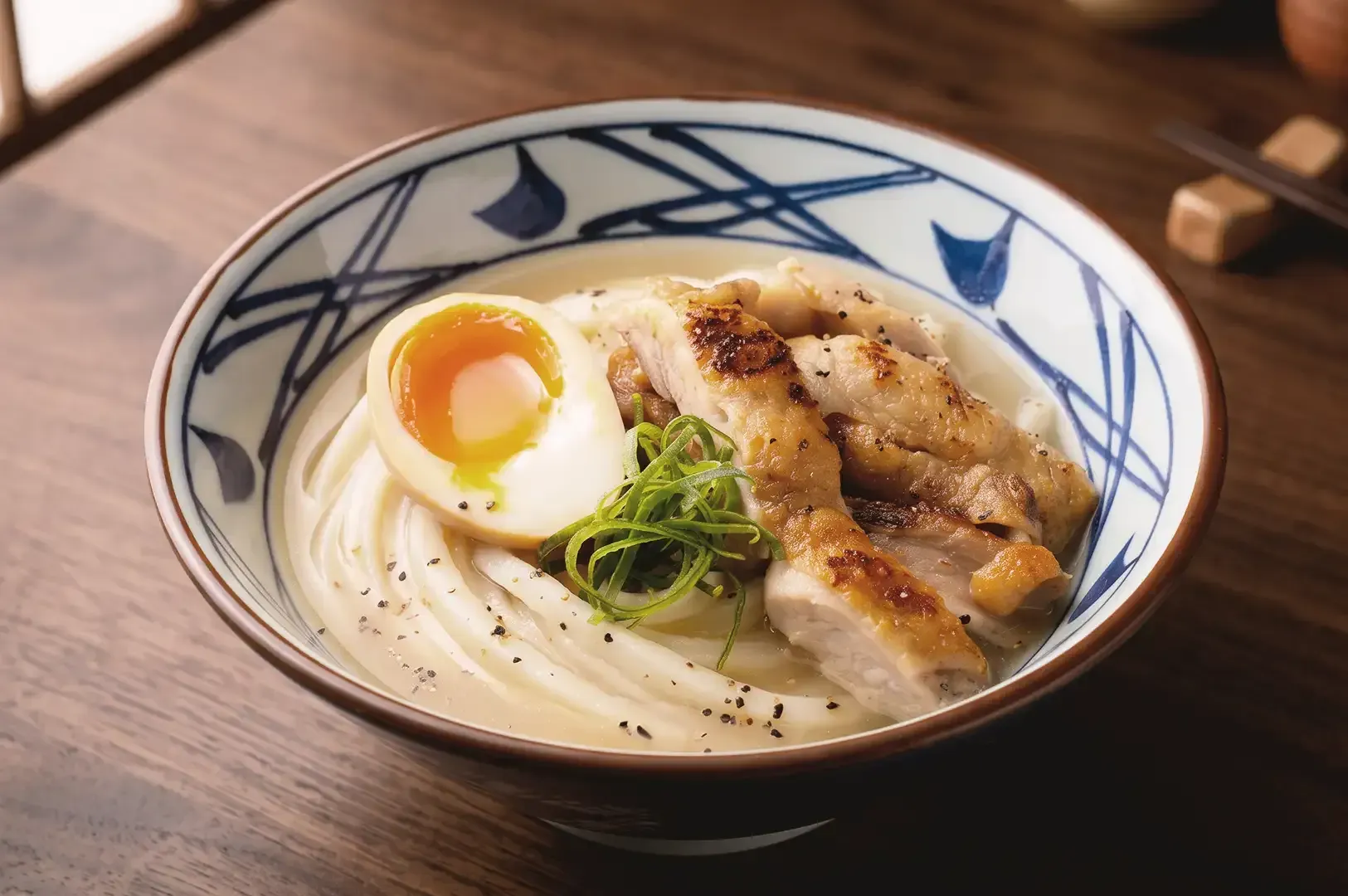 Bowl of ramen in creamy broth combined with sliced chicken strips and boiled egg garnished