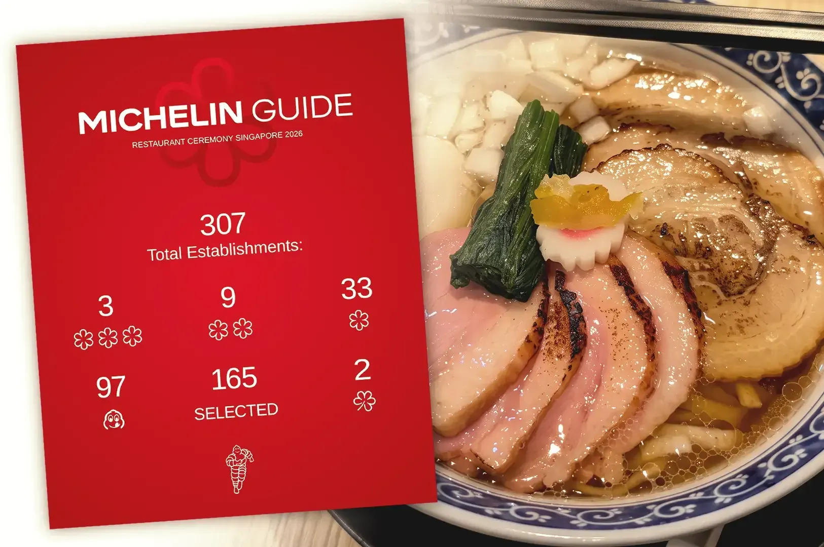 Red Michelin Guide in Singapore for year 2026 on the left and a bowl of ramen on right side
