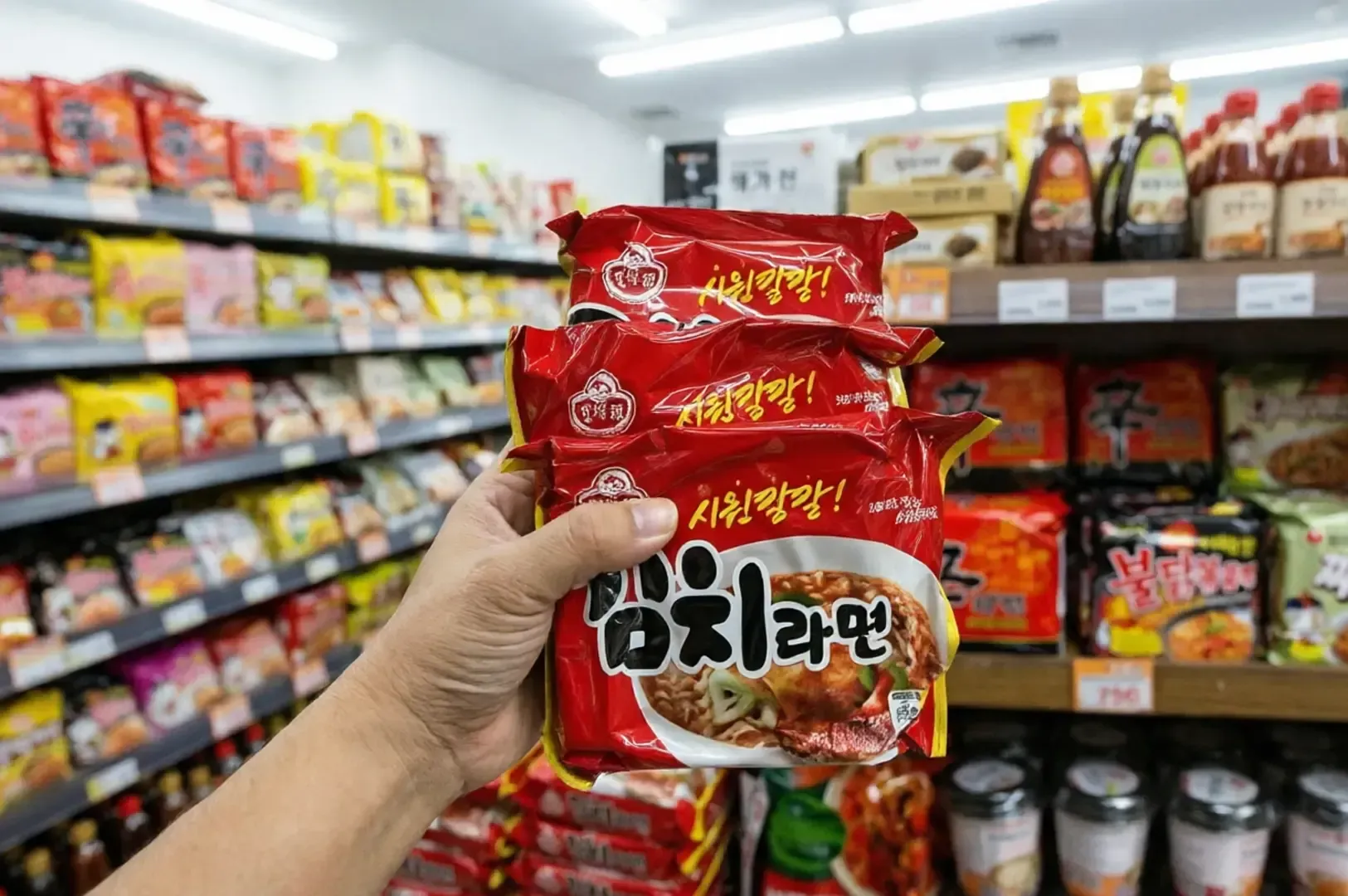 Hand holding red Kimchi Ramen packets in Korean supermarket aisle with blurred shelves.