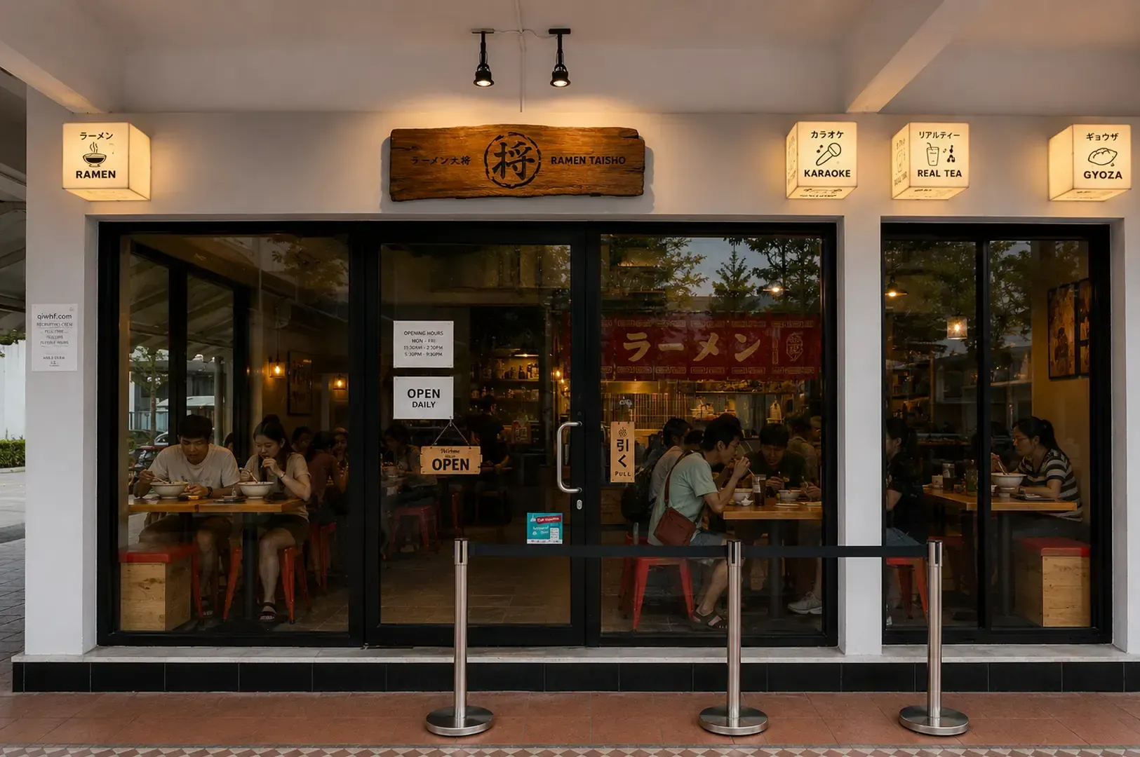 Exterior storefront of Ramen Taisho restaurant featuring a rustic wooden sign, illuminated menu.