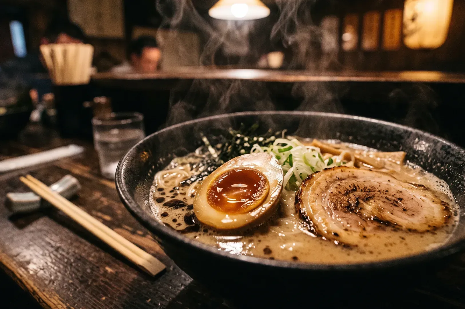 A steaming bowl of authentic Japanese ramen with a soft-boiled egg, sliced chashu pork, green onions