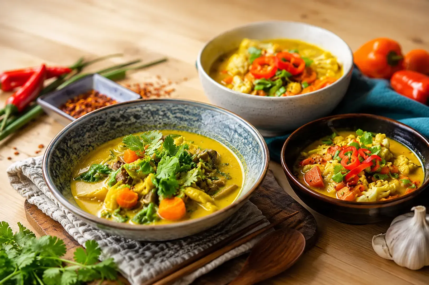 Three bowls of vegetable soup curry with yellow broth, featuring cauliflower, carrots, and fresh cilantro garnish on a wooden table with fresh ingredients nearby