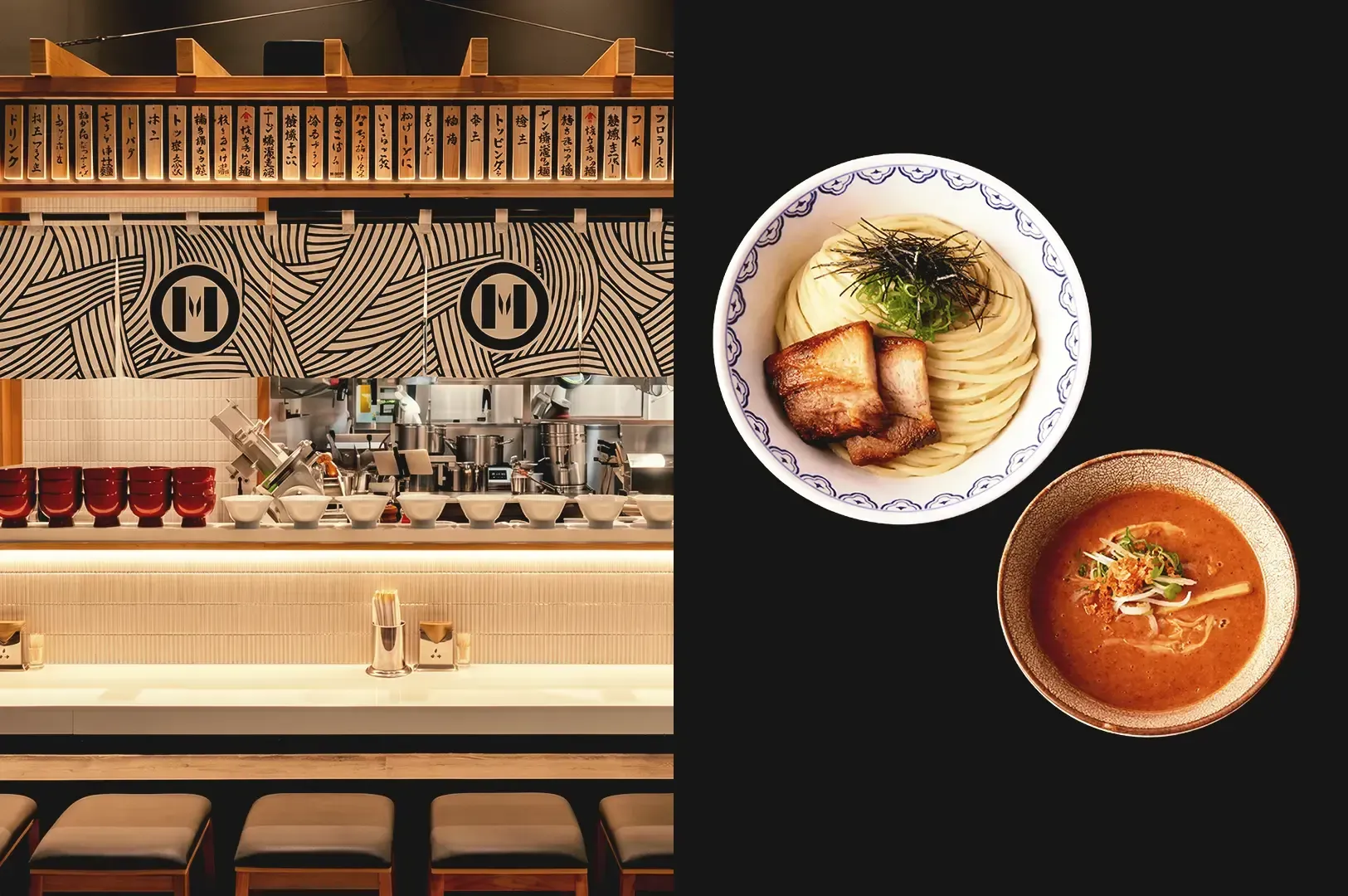 Mensho X store counter in warm light and top view of ramen noodles and broth