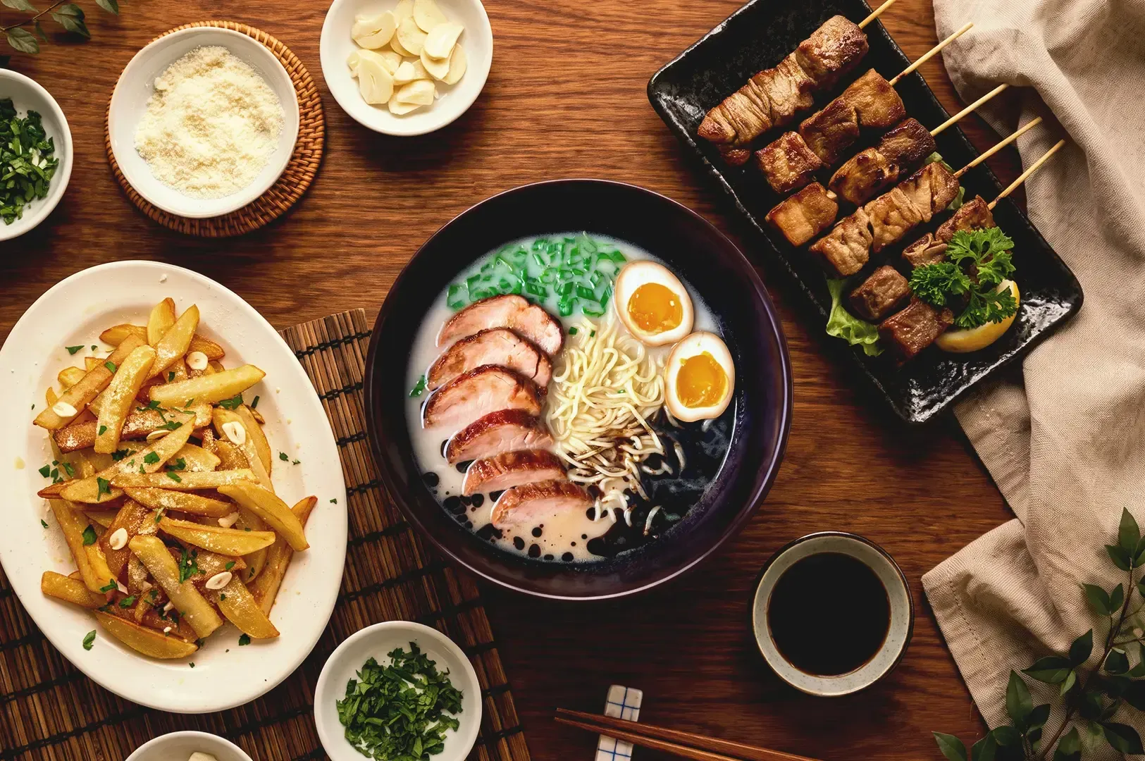 Top view shot of truffle fries, tonkotsu ramen and kushiyaki skewers placed in wooden table with various condiments on the side