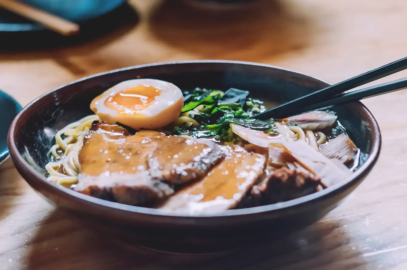 Ramen served in brown bowl