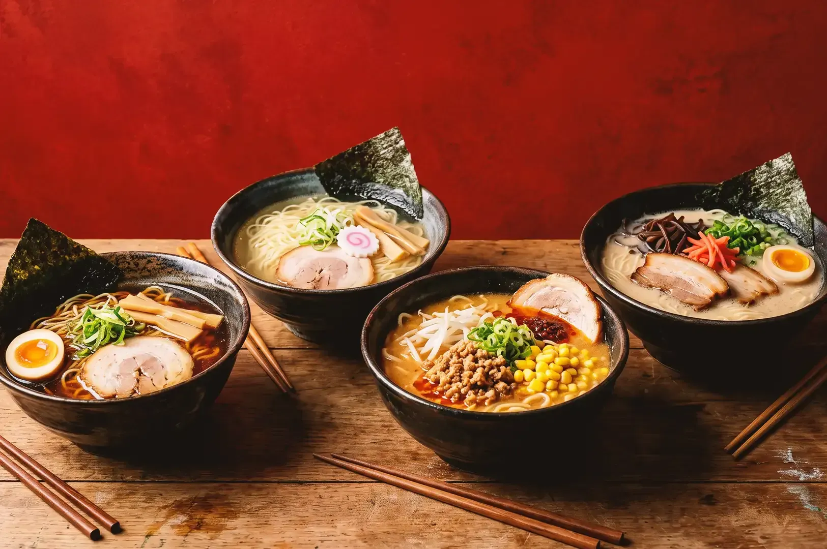 Four black ramen bowls showcasing four different ramen broth placed on wooden surface with red background