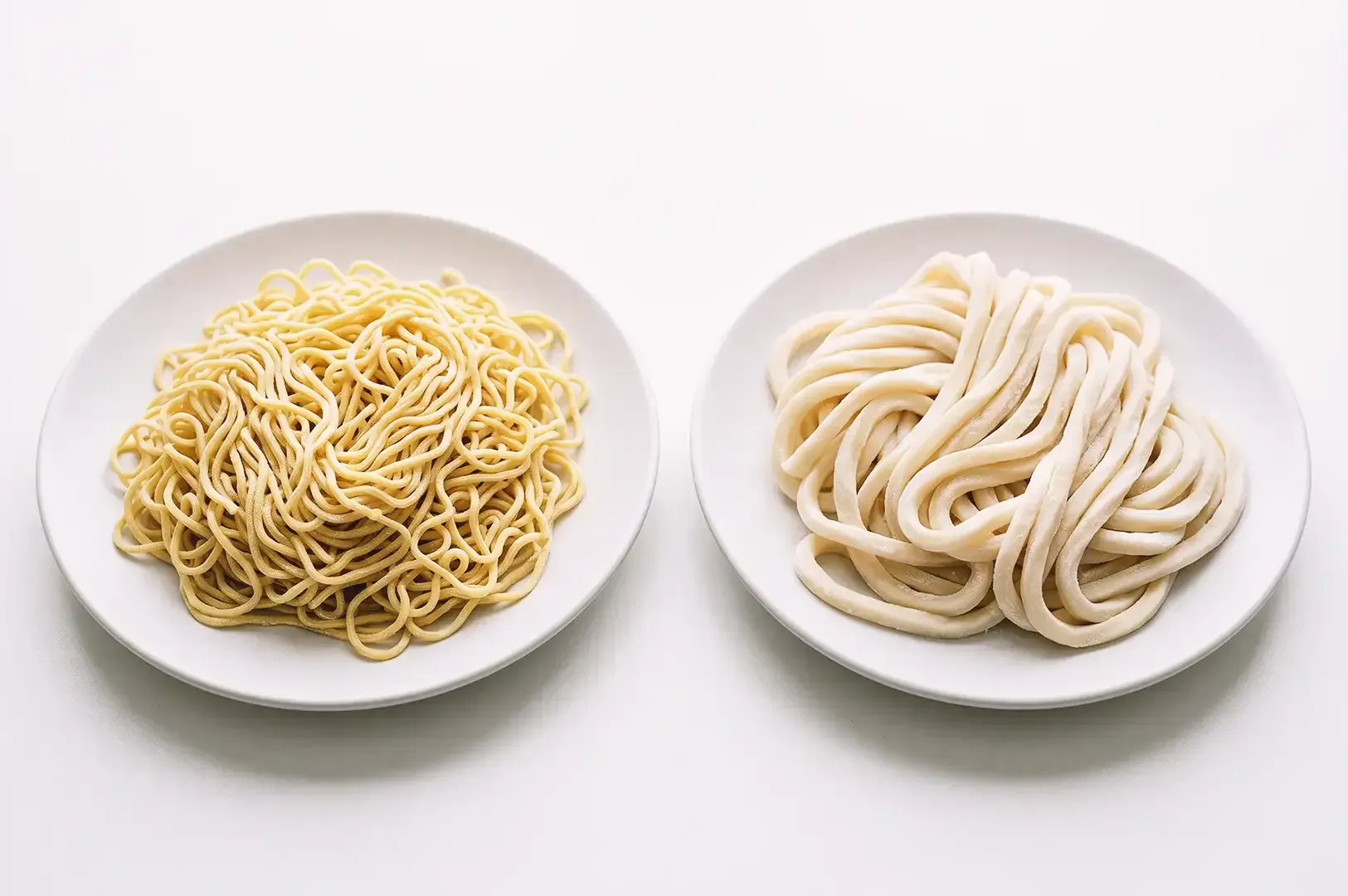 Side by side photo of raw ramen and udon noodles placed on white plate