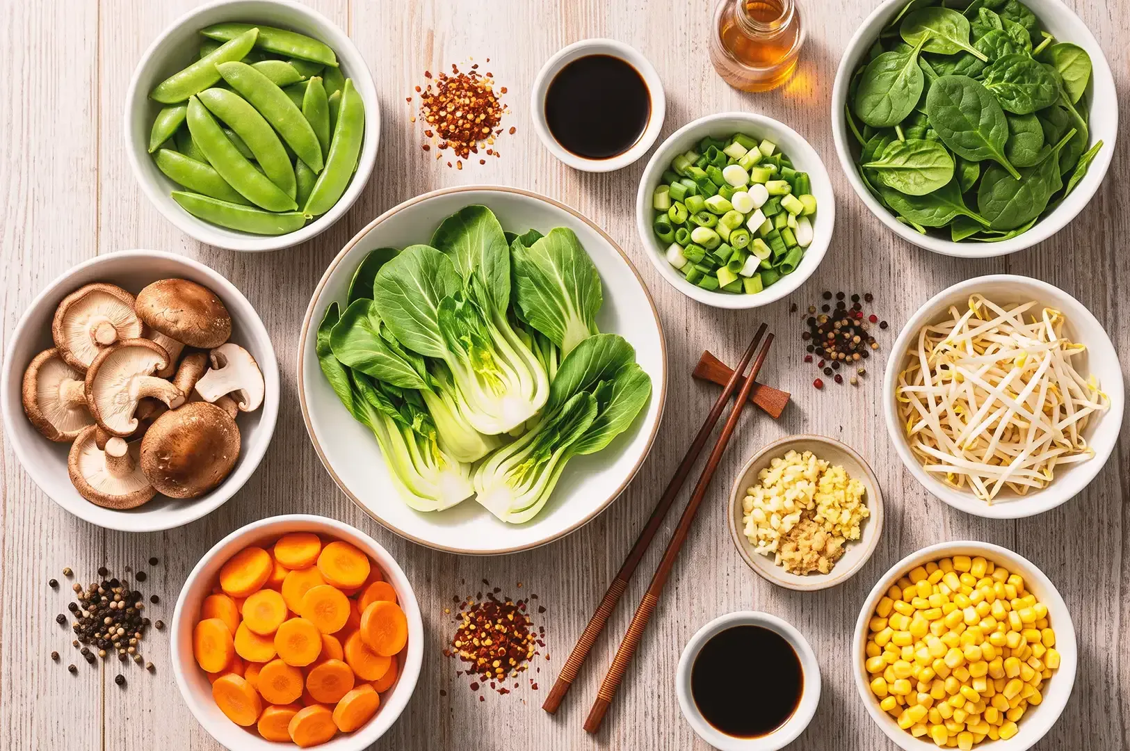 Top view of various vegetable ingredients such as carrots, bok choy, beans, corn, sprouts and mushroom