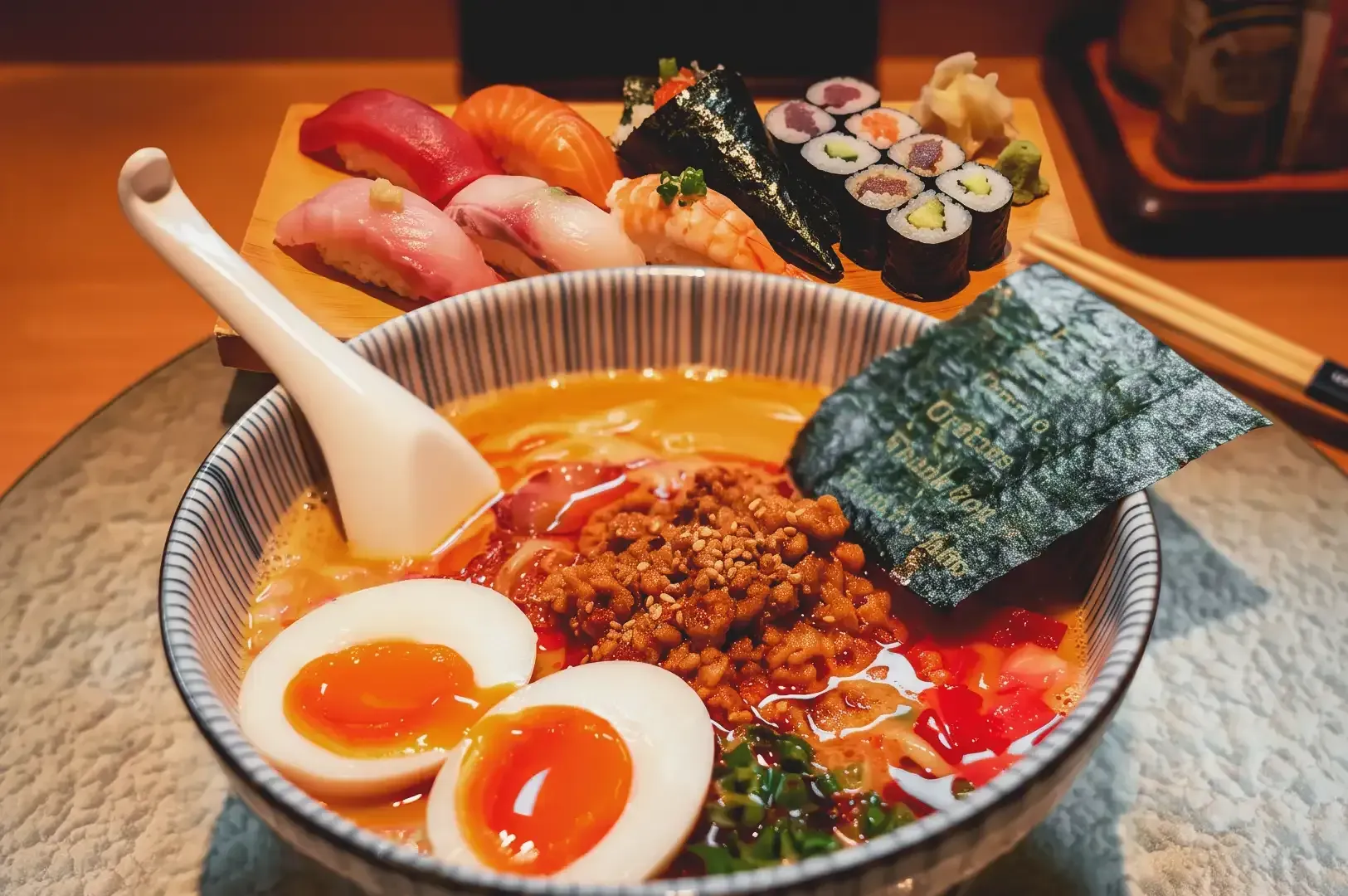 Ramen bown filled with egg, nori, ground meat and chili sauce along with plate of sushi behind