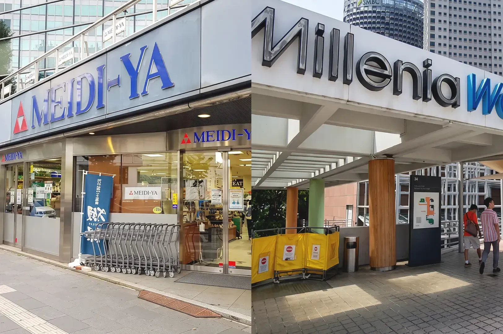 Meidi-Ya store front on left side and Millenia Walk on right side