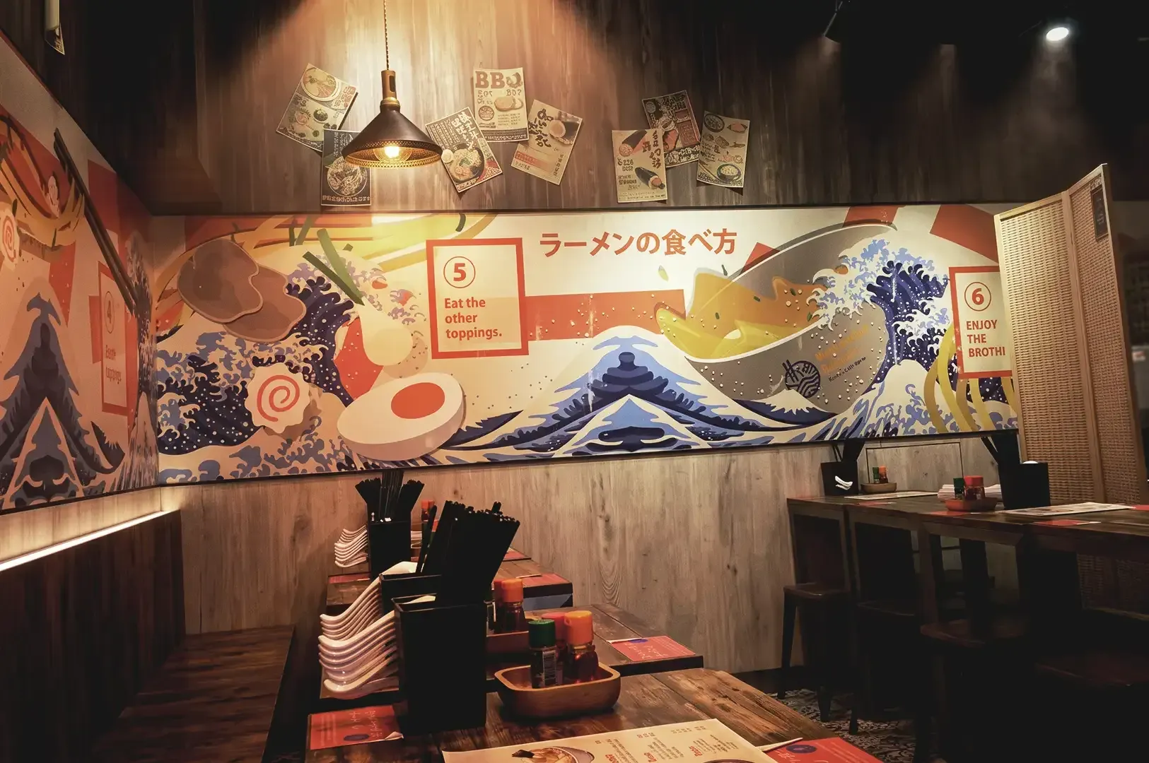 Huge vector stule Japanese wall art inside Suparakki Ramen in warm ambient lighting