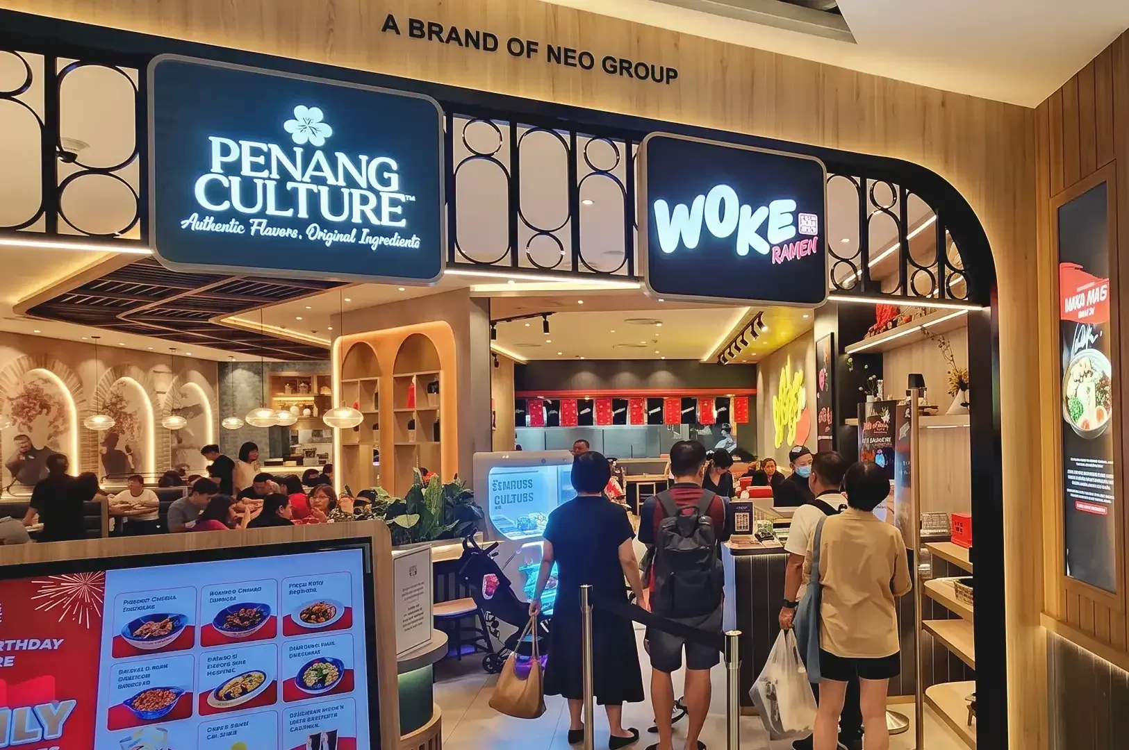 Entrance of Penang Culture and Woke Ramen at Compass One with visible wooden themed interior