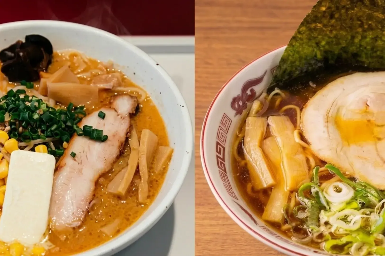 Two Hokkaido ramen varieties - miso ramen with corn, butter, and chashu alongside shoyu ramen with lard cap, bamboo shoots, and pork