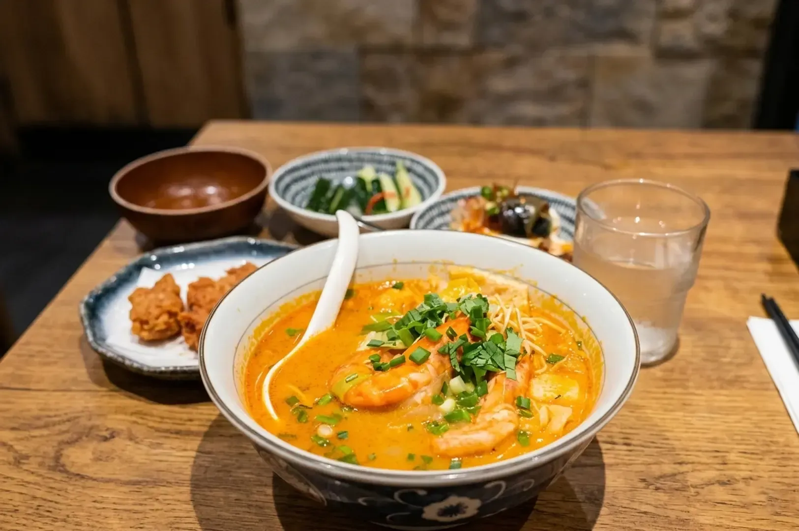 Bowl of creamy shrimp laksa ramen with prawns and garnishes, served with side dishes on a wooden table