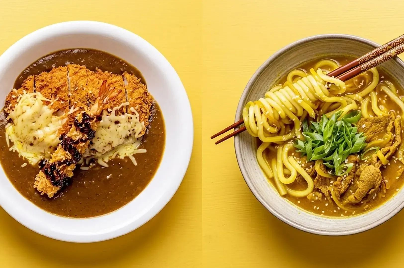 Top-down view of a cheesy katsu curry bowl next to a bowl of curry udon noodles with meat and green onions