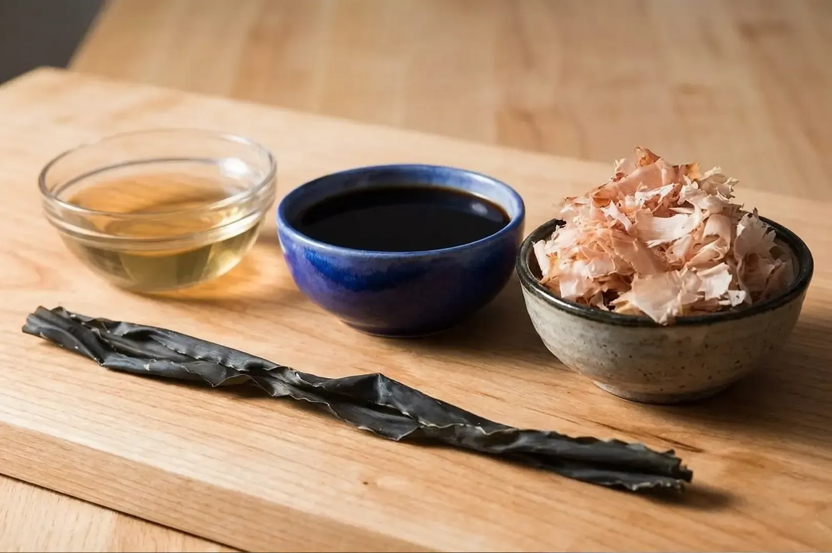Onomichi and Tokyo ramen ingredients: kombu kelp, bonito flakes, soy sauce tare, and sesame oil