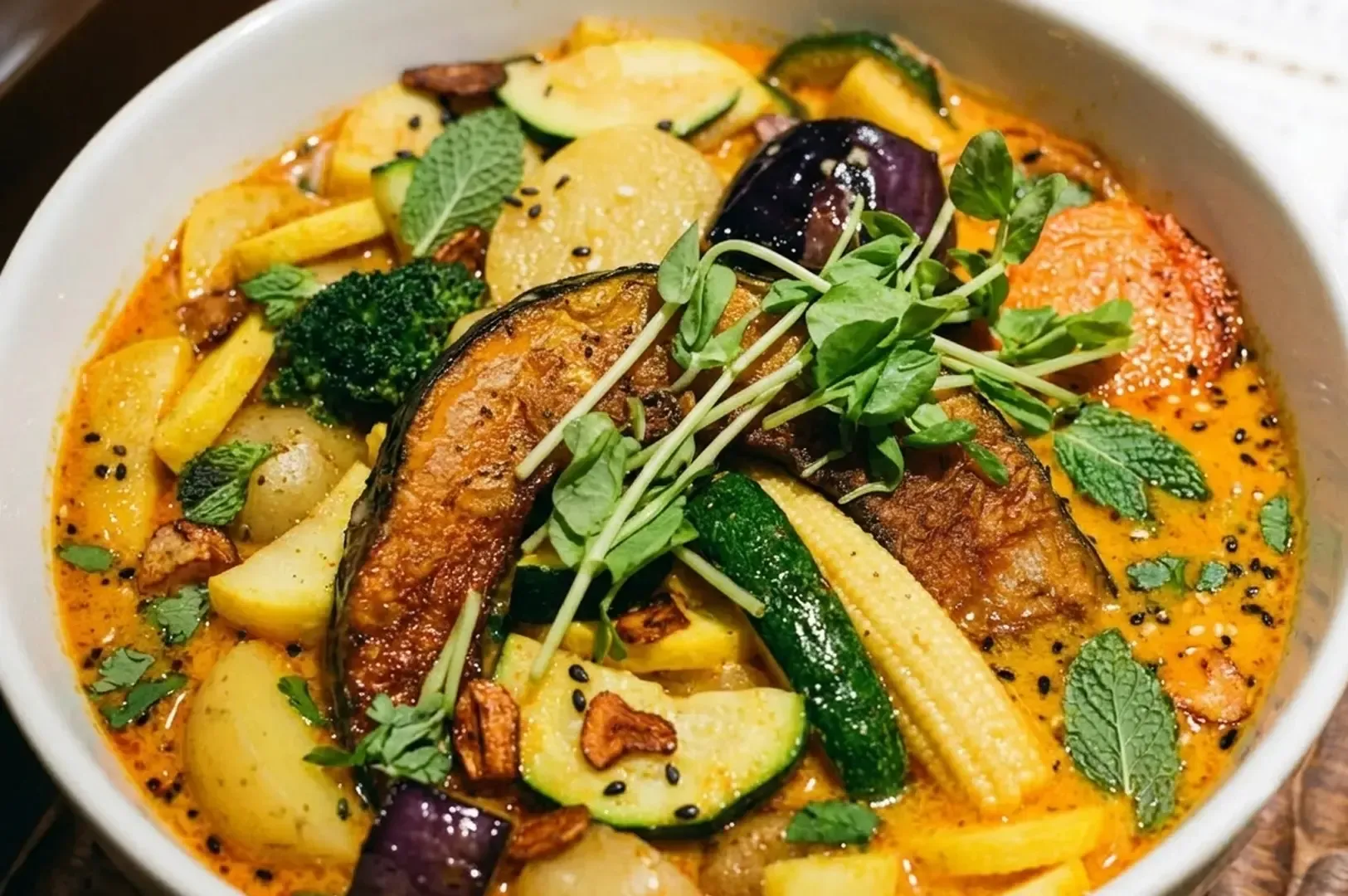 Close-up view of soup curry featuring roasted pumpkin slices, baby corn, broccoli, and eggplant in aromatic orange curry broth, garnished with fresh microgreens and served in a white ceramic bowl