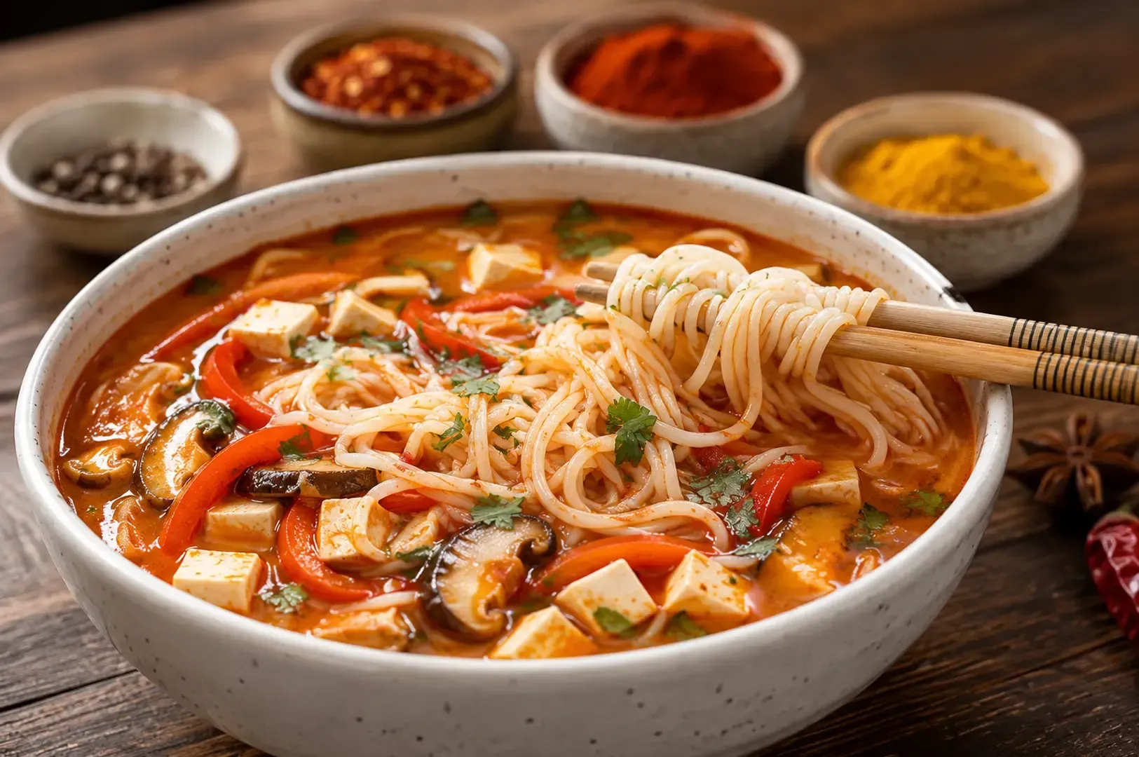 Spicy soup curry with noodles being lifted by chopsticks, featuring tofu cubes, red peppers, mushrooms, and fresh cilantro in a rich orange-red broth with spice bowls in the background