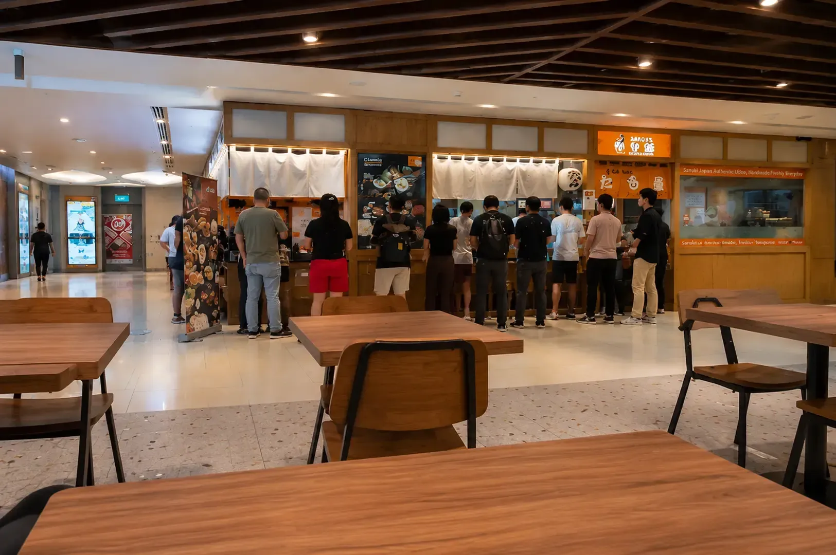 Customers queuing at the Tamoya Udon counter inside a food court, with empty wooden tables in the foreground