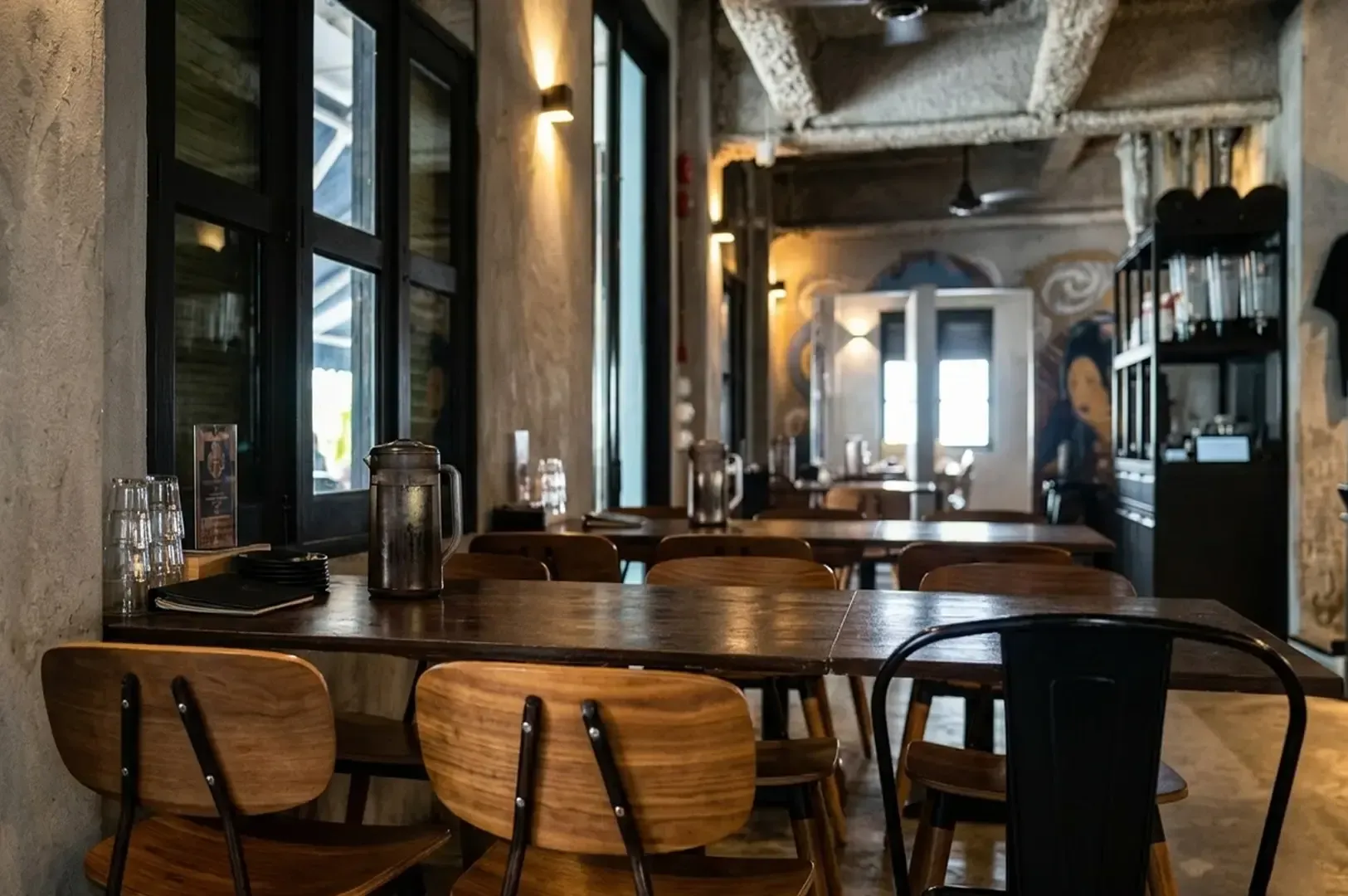 Interior dining area of Torasho Ramen featuring wooden tables, chairs, and industrial concrete walls