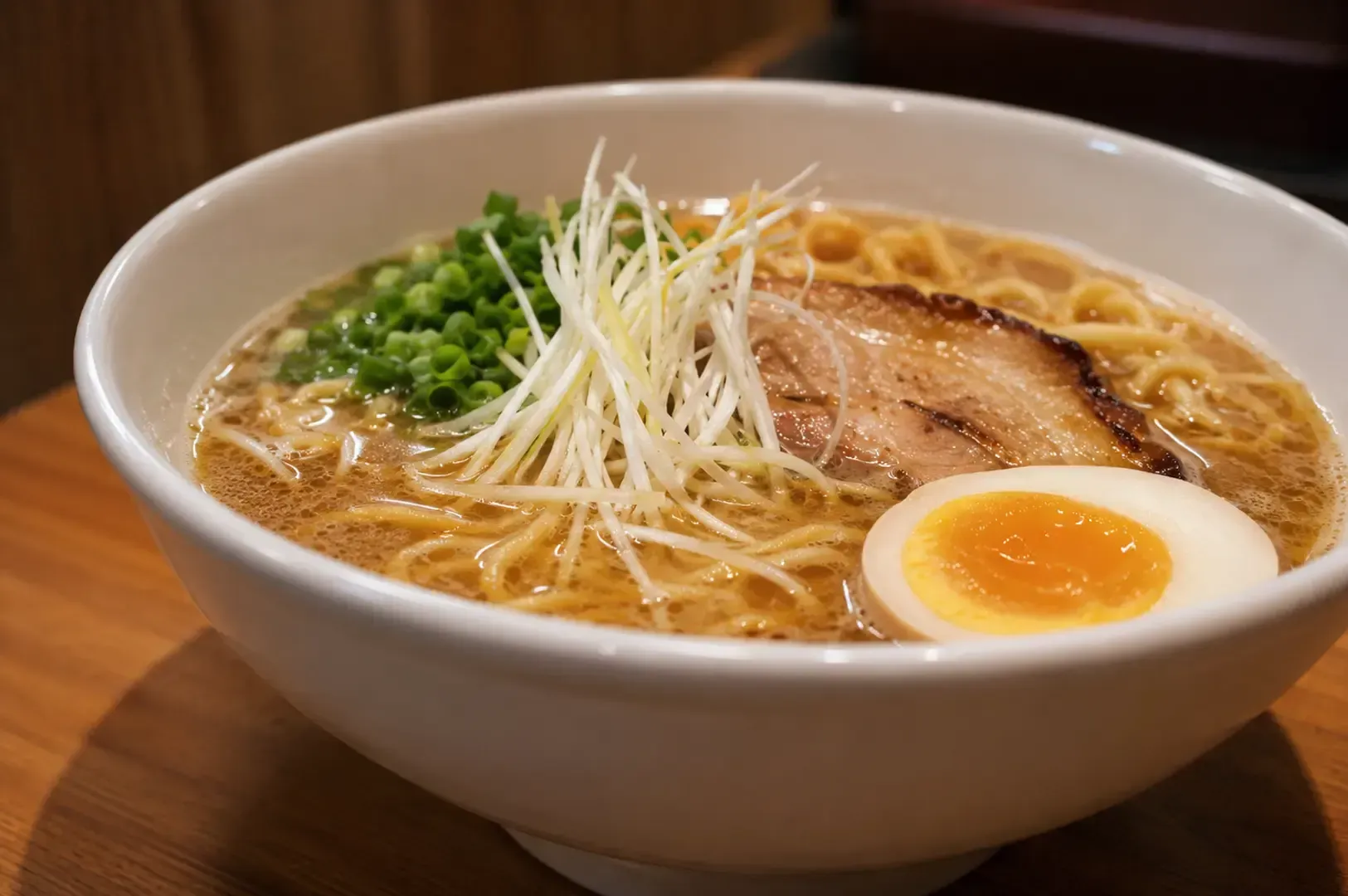 Bowl of Tori Paitan Ramen with chicken broth, noodles, chashu pork, soft-boiled egg, green onions, and shredded leeks in white ceramic bowl