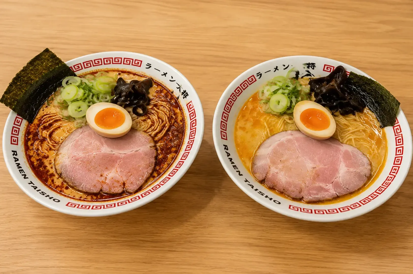Two bowls of Ramen Taisho ramen side-by-side on a wooden table, one spicy miso with red broth and one standard tonkotsu, both topped with chashu pork, egg, and seaweed