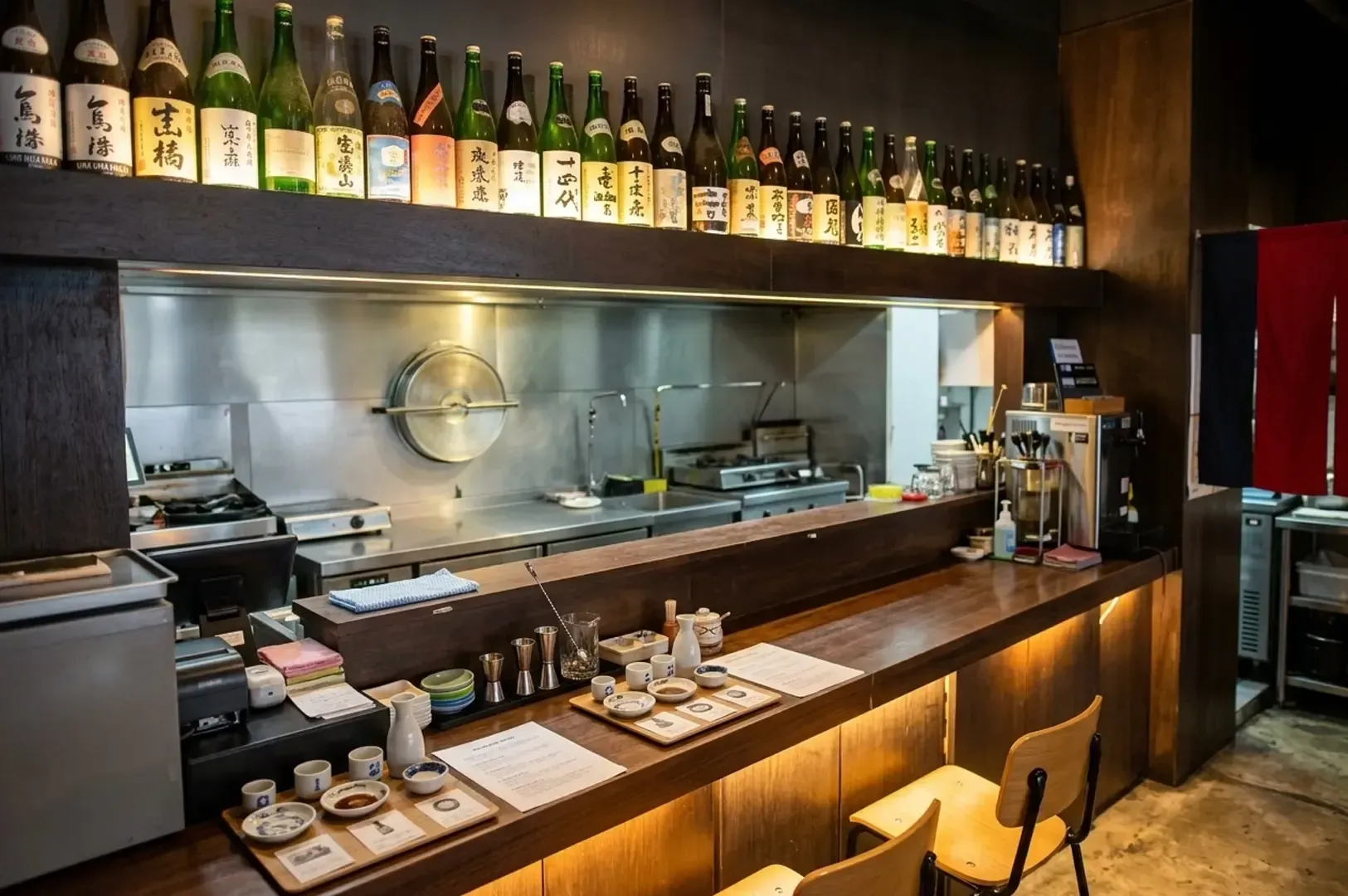 Interior of Uma Uma Restaurant & Bar showing a wooden counter, open kitchen, and a shelf lined with sake bottles