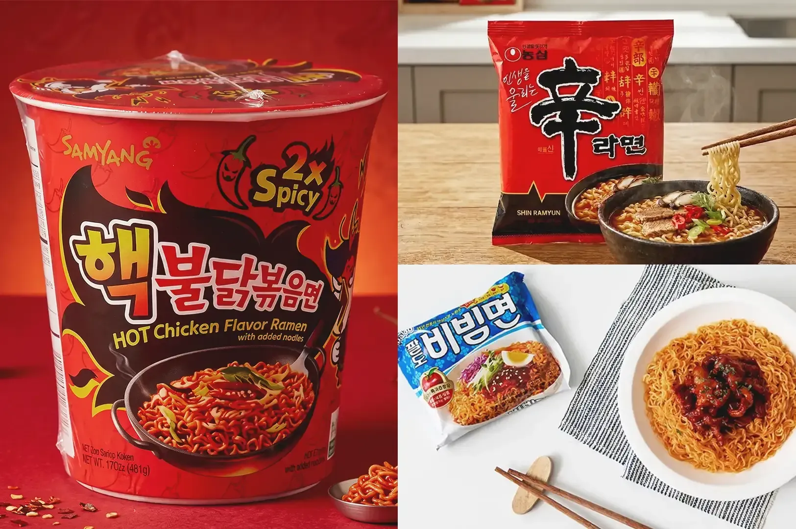 Collage of three instant Korean ramen brands: Samyang, Nongshim and Paldo
