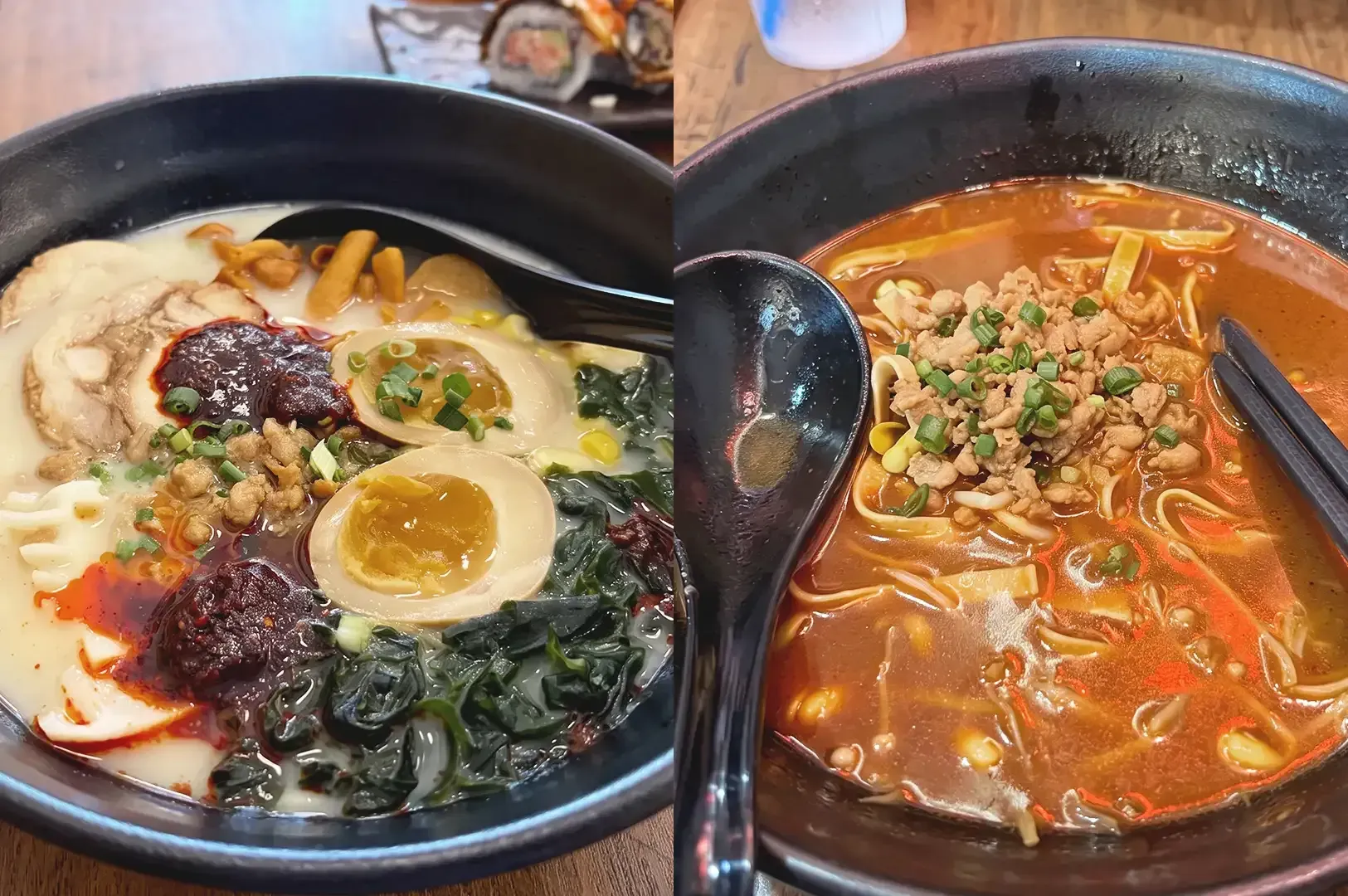 Collage of Volcano Ramen and Kimchi with Minched Chicken ramen added with vegetables and extra meat toppings