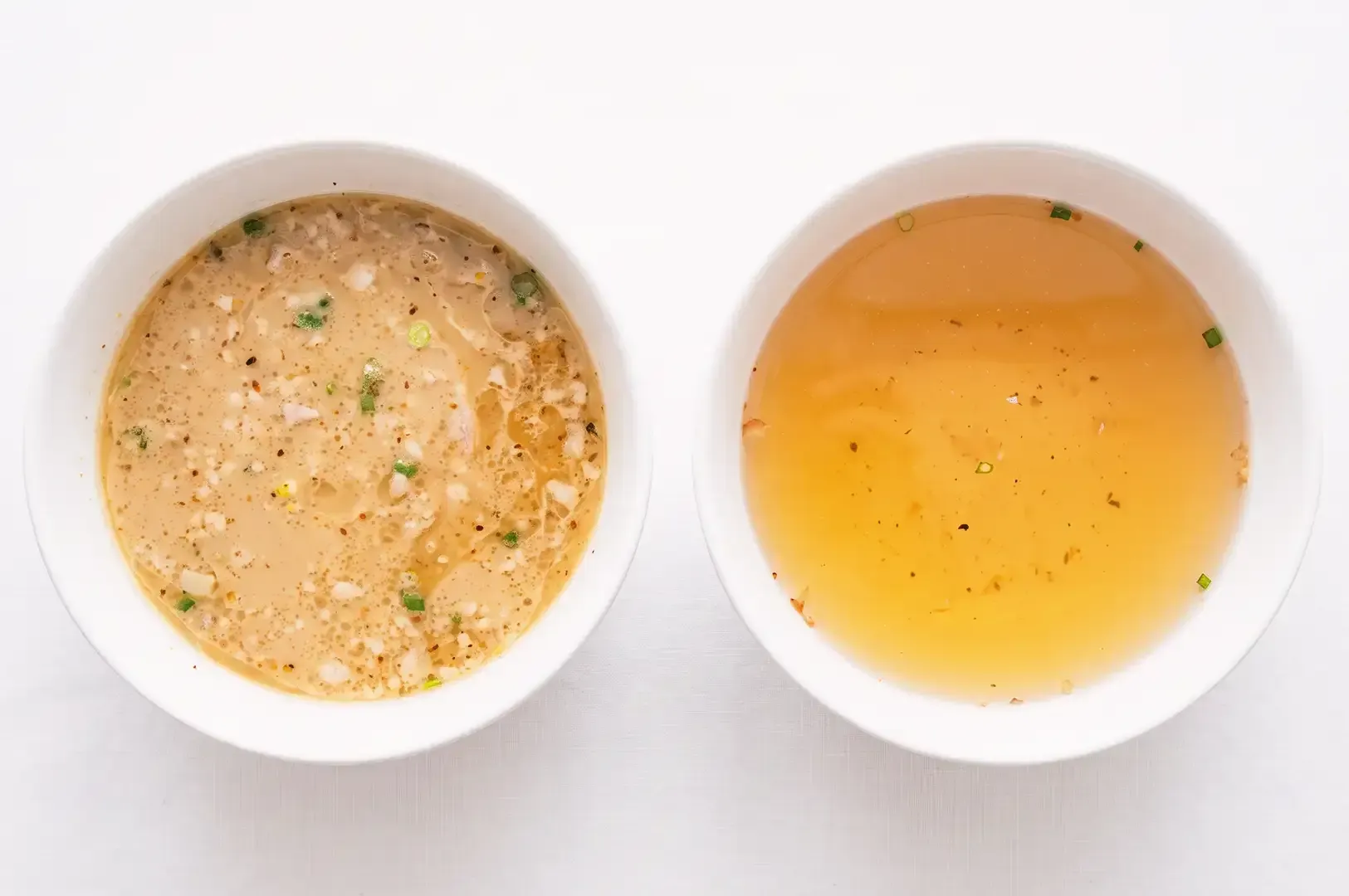 Side by side broth comparison of udon soup base and ramen soup base
