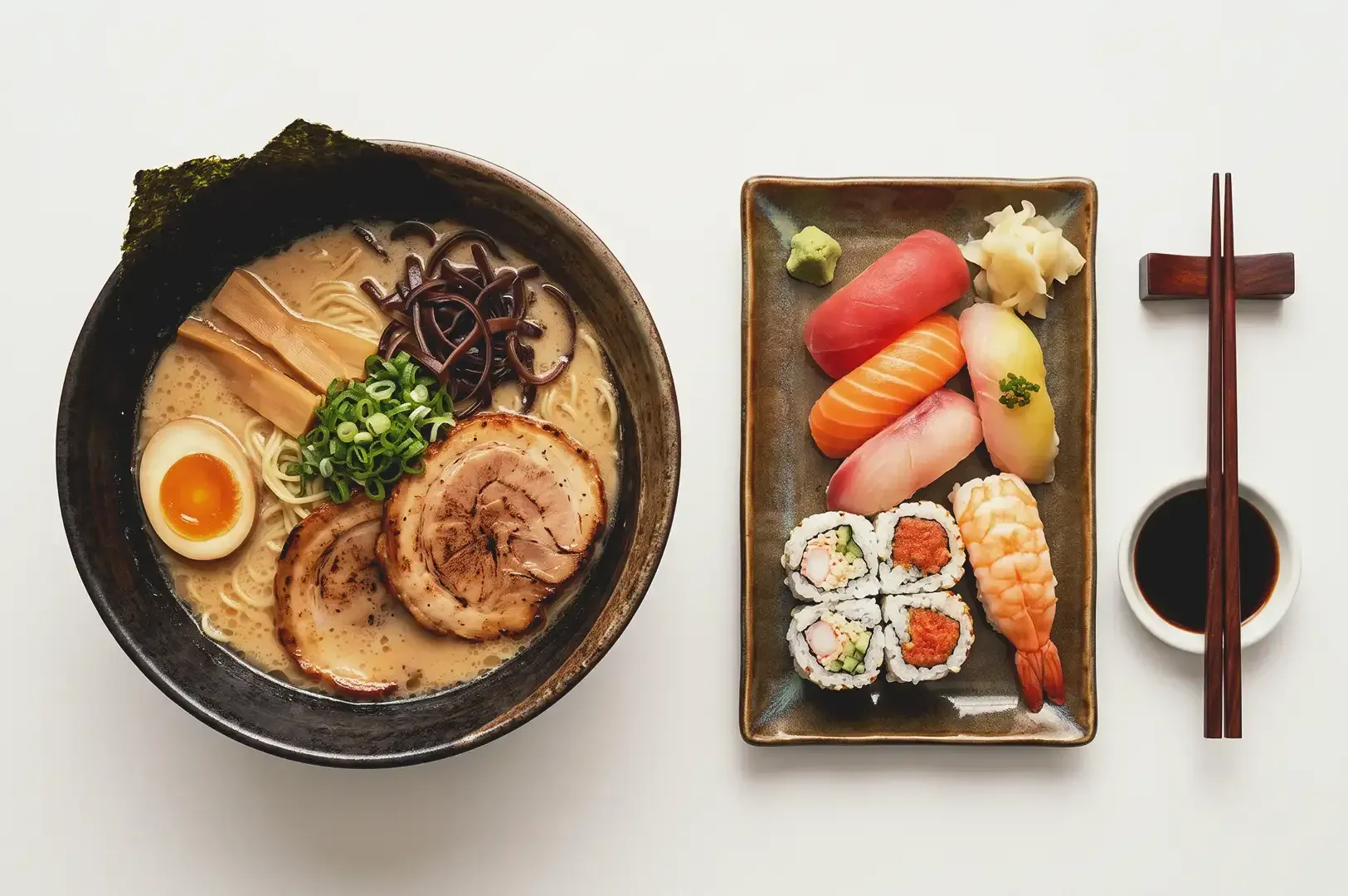 Top view of Tonkotsu ramen and plate of fresh sushi beside a chopstick and soy sauce