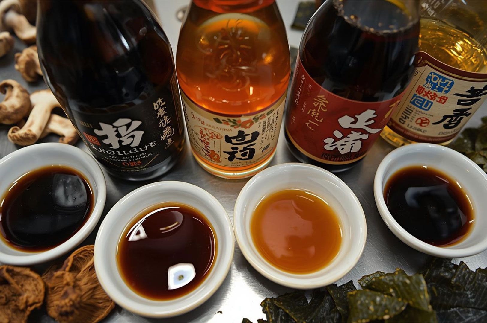 A selection of Japanese sauces and condiments in small white dishes, including soy sauce and mirin, displayed with dried shiitake mushrooms and seaweed.